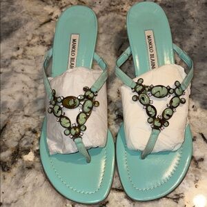 Manolo Blahnik Mint Green leather & suede Jeweled Thong Sandals